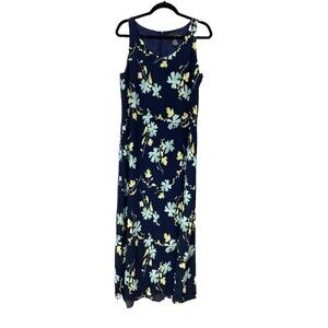 August Silk 100% Silk Maxi Slip Dress Size 16 Sleeveless Lightweight Blue Floral